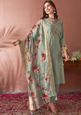 Olive Yoke Design Silk Blend Kurta Set