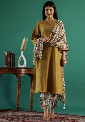 Mustard Solid Cotton Kurta Set