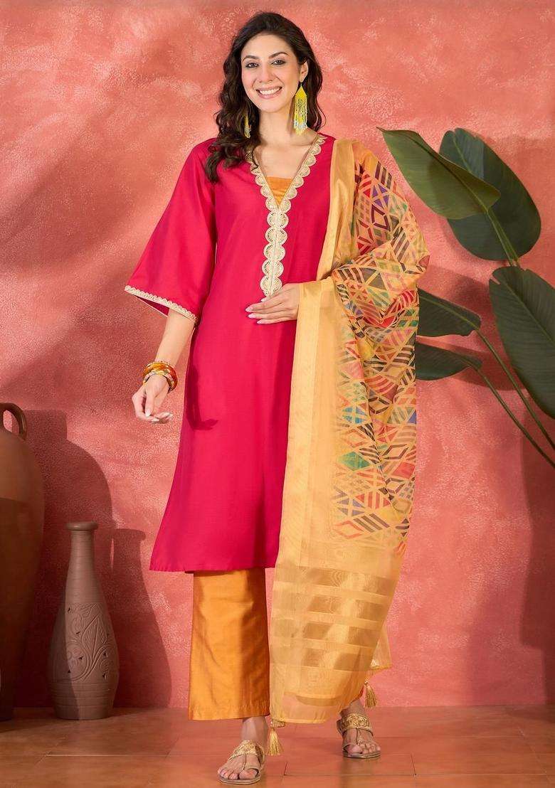 Pink Solid Viscose Kurta Set - Indya