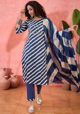 Navy Blue Striped Cotton Kurta Set