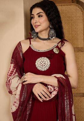 Maroon Embroidered Crepe Kurta Set