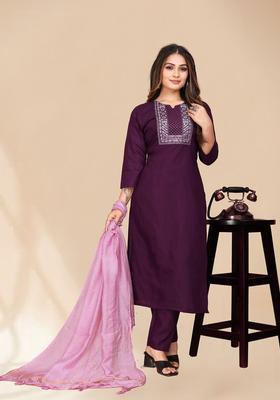 Purple Yoke Design Cotton Kurta Set