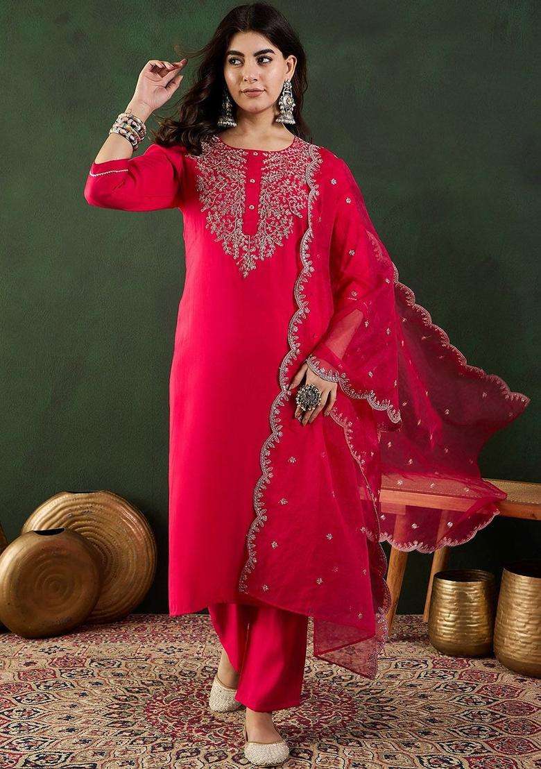 Coral Embroidered Silk Blend Kurta Set - Indya