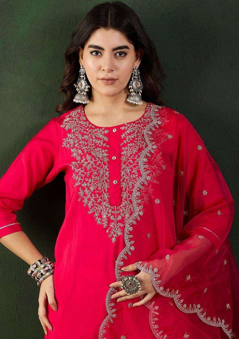 Coral Embroidered Silk Blend Kurta Set - Indya