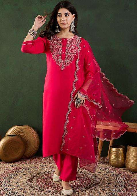 Coral Embroidered Silk Blend Kurta Set