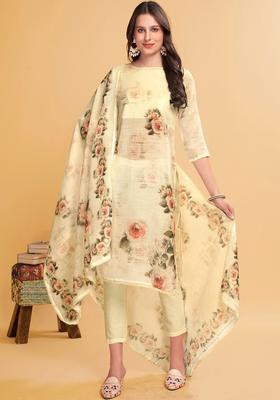 Cream Printed Linen Kurta Set