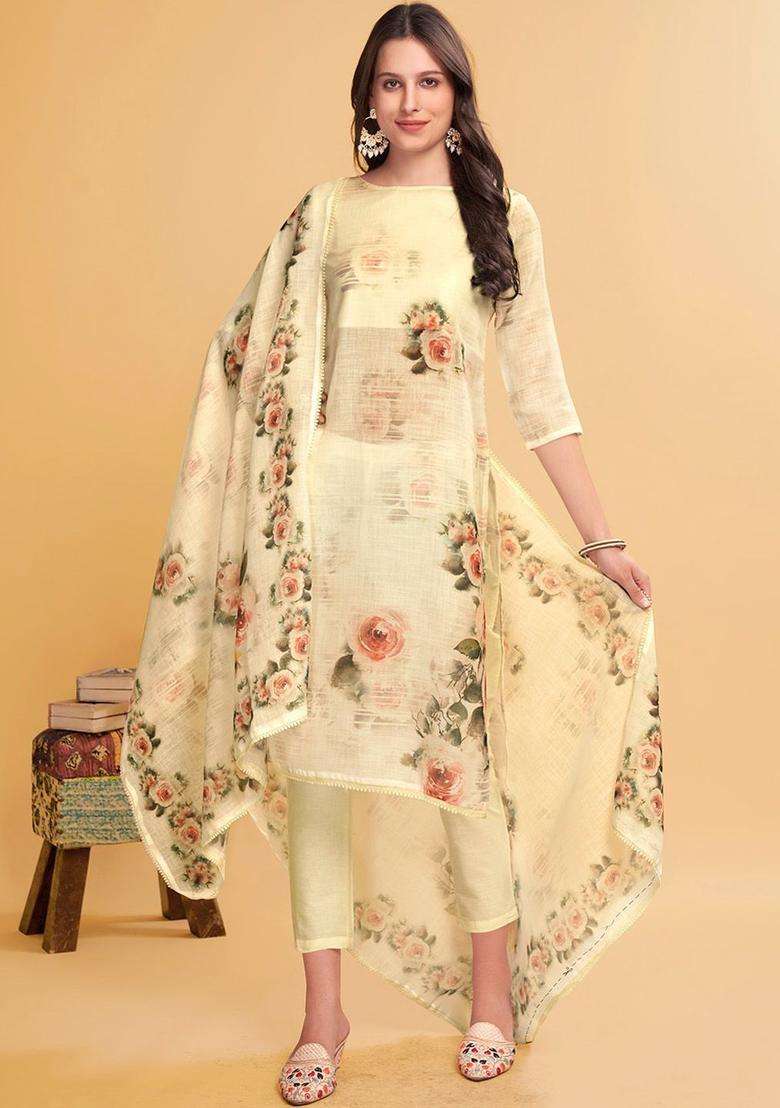 Cream Printed Linen Kurta Set - Indya