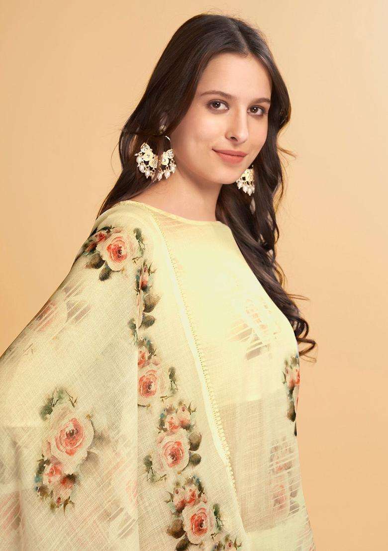 Cream Printed Linen Kurta Set - Indya