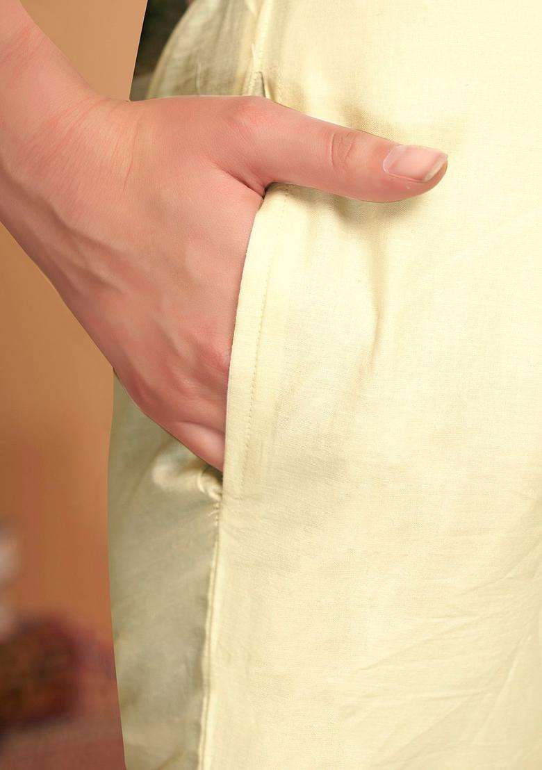 Cream Printed Linen Kurta Set - Indya