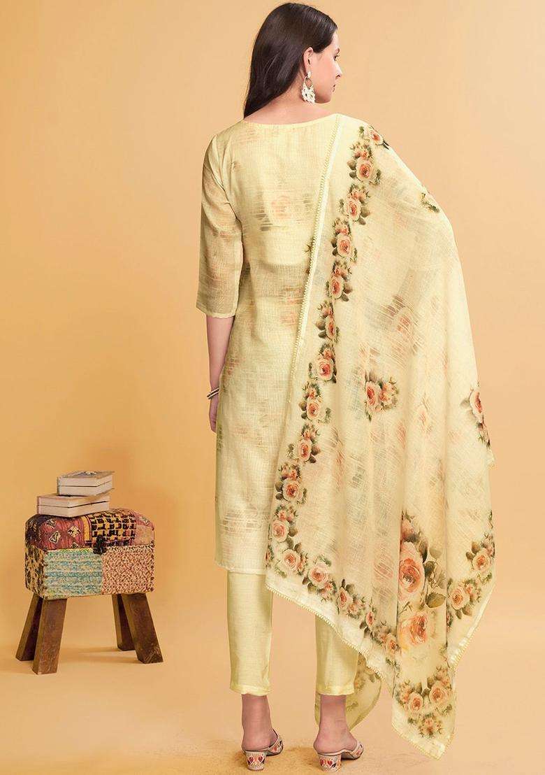 Cream Printed Linen Kurta Set - Indya