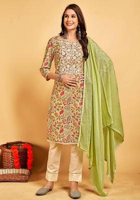 Lime Green Printed Cotton Kurta Set