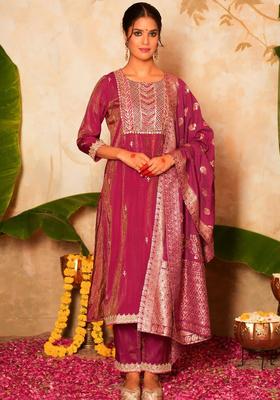 Purple Embroidered Chanderi Kurta Set