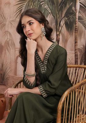 Olive Yoke Design Viscose Kurta Set