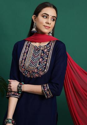 Blue Yoke Design Cotton Kurta Set