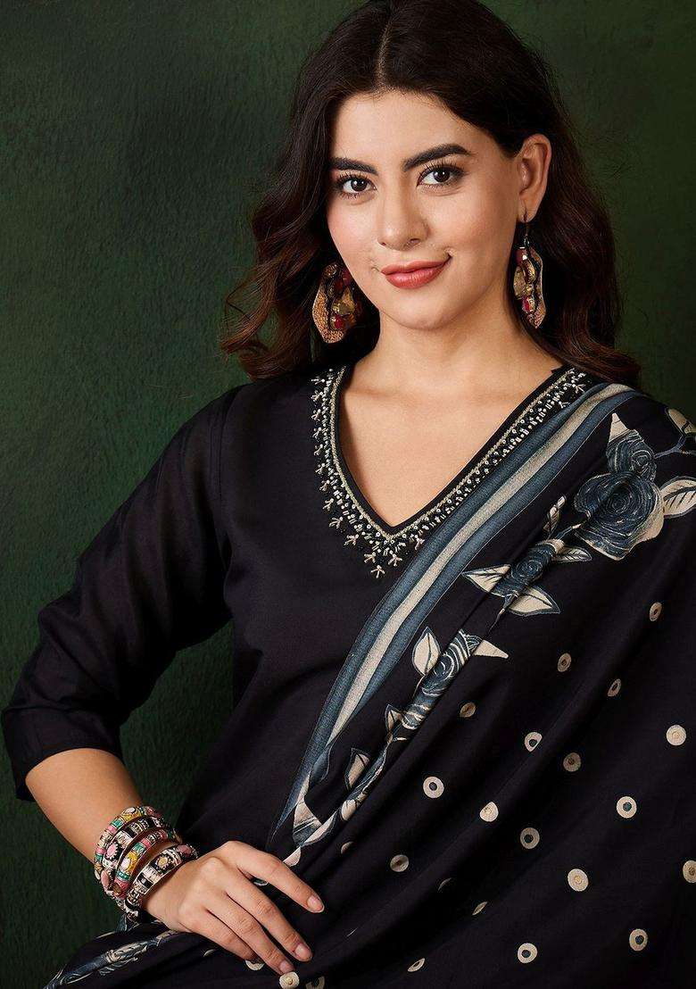 Black Printed Silk Kurta Set - Indya