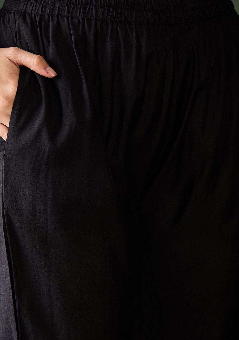 Black Printed Silk Kurta Set - Indya