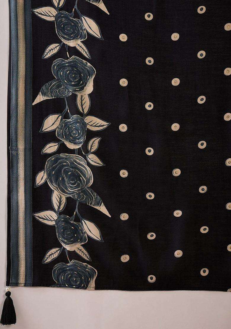 Black Printed Silk Kurta Set - Indya