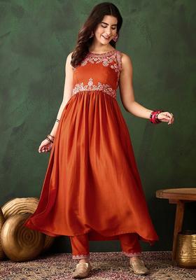 Orange Embroidered Silk Blend Anarkali Set