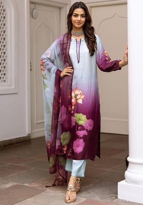 Purple Self Design Silk Blend Kurta Set