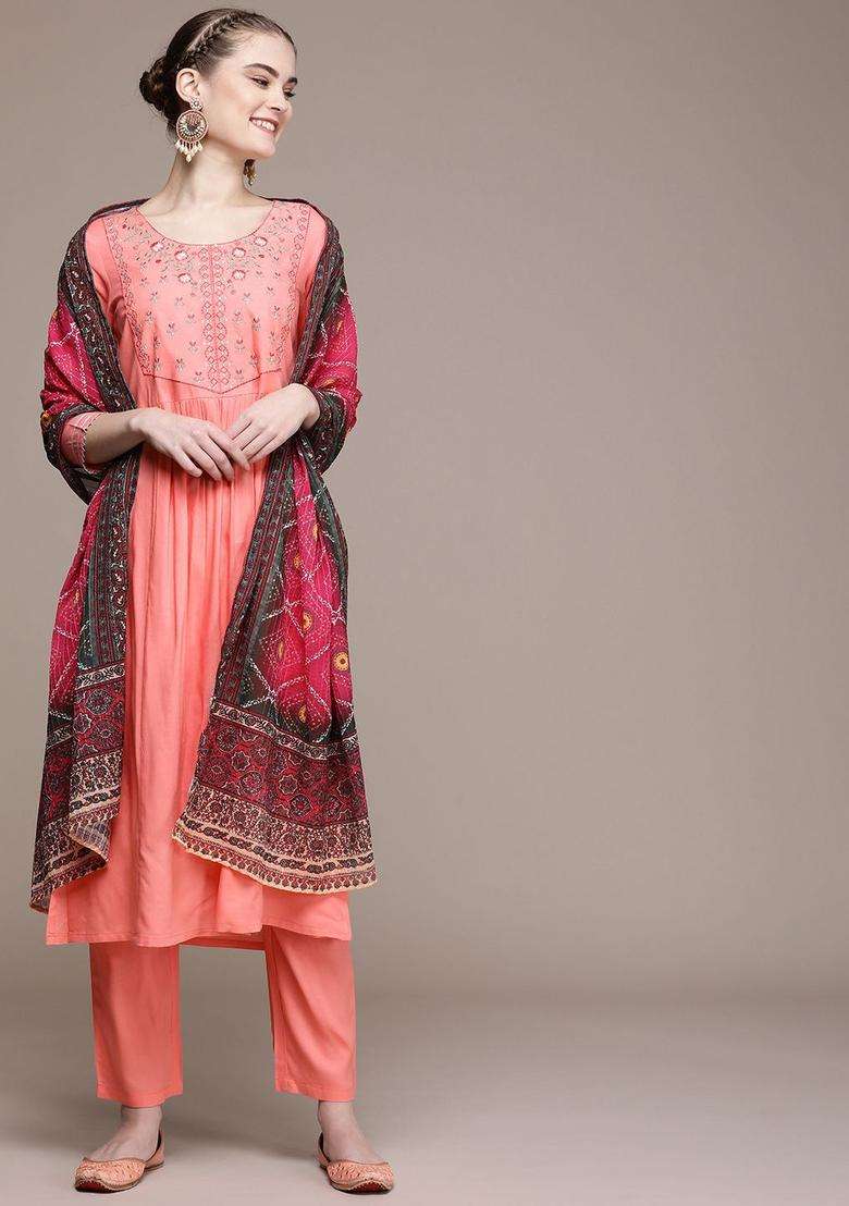 Coral Yoke Design Cotton Kurta Set - Indya