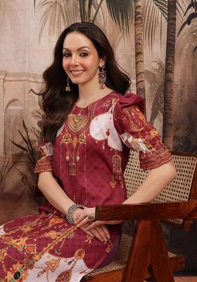Maroon Printed Polyester Kurta Set