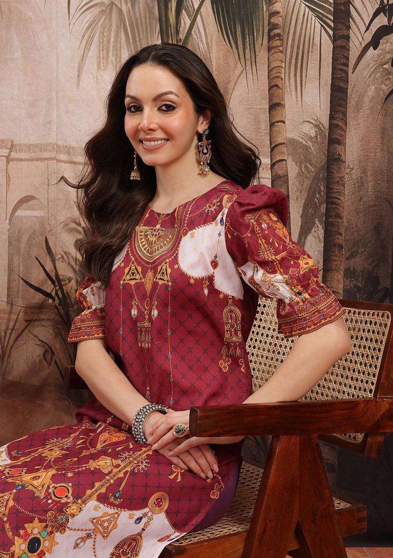 Maroon Printed Polyester Kurta Set - Indya