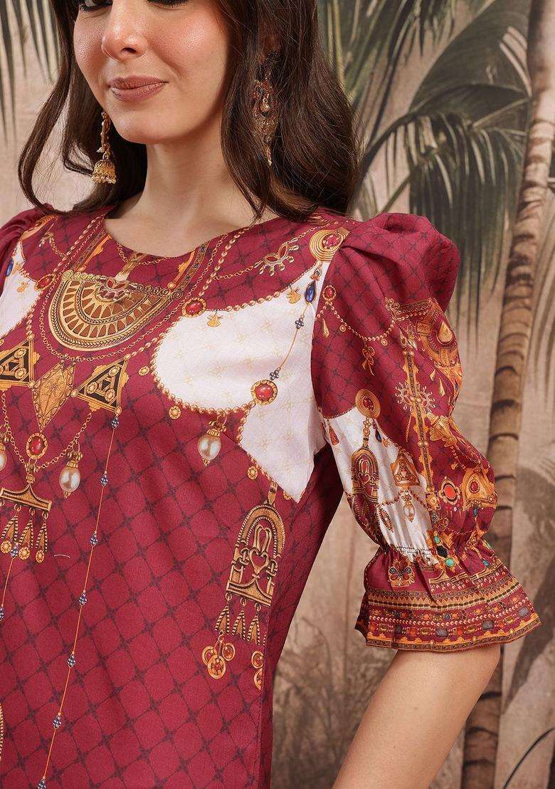 Maroon Printed Polyester Kurta Set - Indya