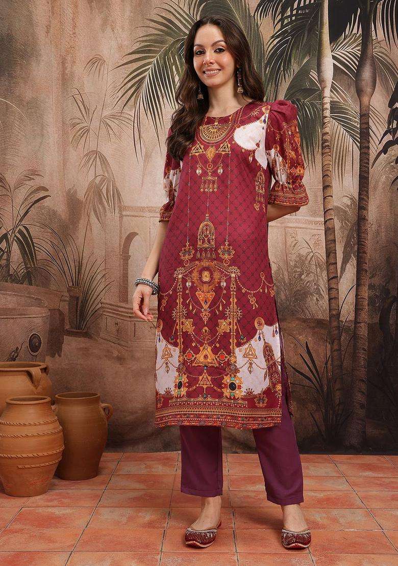 Maroon Printed Polyester Kurta Set - Indya