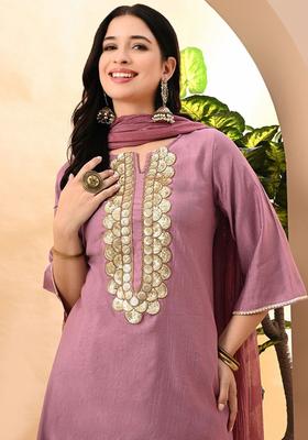 Lavender Solid Silk Kurta Set