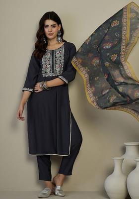Navy Blue Embroidered Polyester Kurta Set