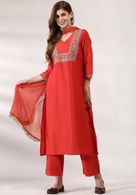 Orange Yoke Design Polyester Kurta Set