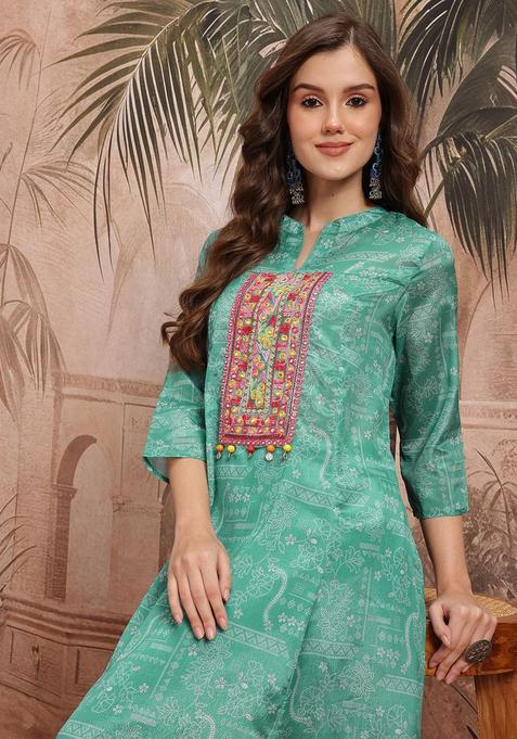Green Printed Polyester Kurta Set — view on Indya
