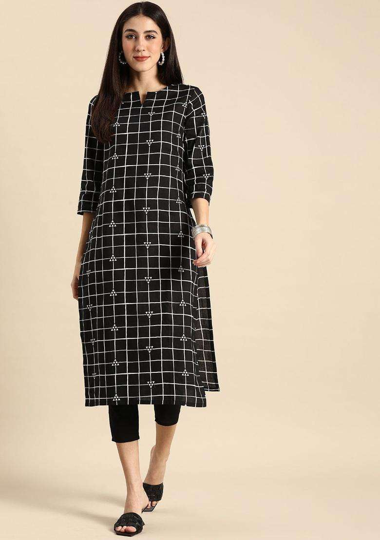 Black Checked Cotton Kurta Set - Indya