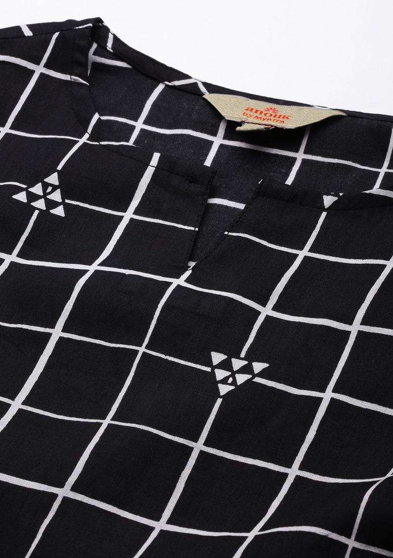 Black Checked Cotton Kurta Set - Indya
