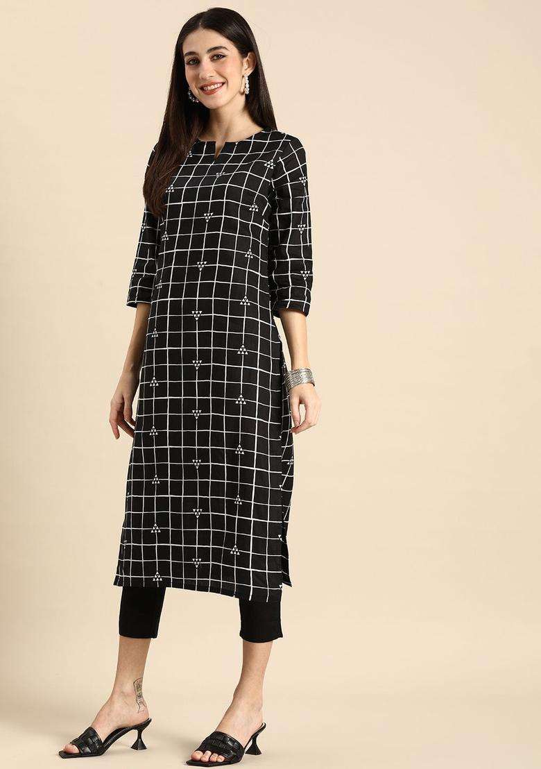 Black Checked Cotton Kurta Set - Indya