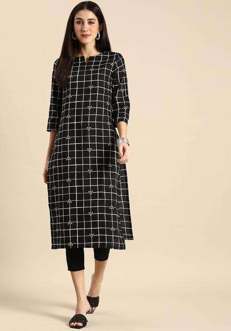 Black Checked Cotton Kurta Set