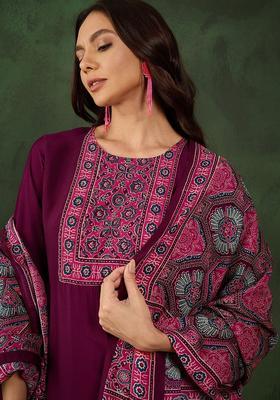 Purple Yoke Design Cotton Kurta Set