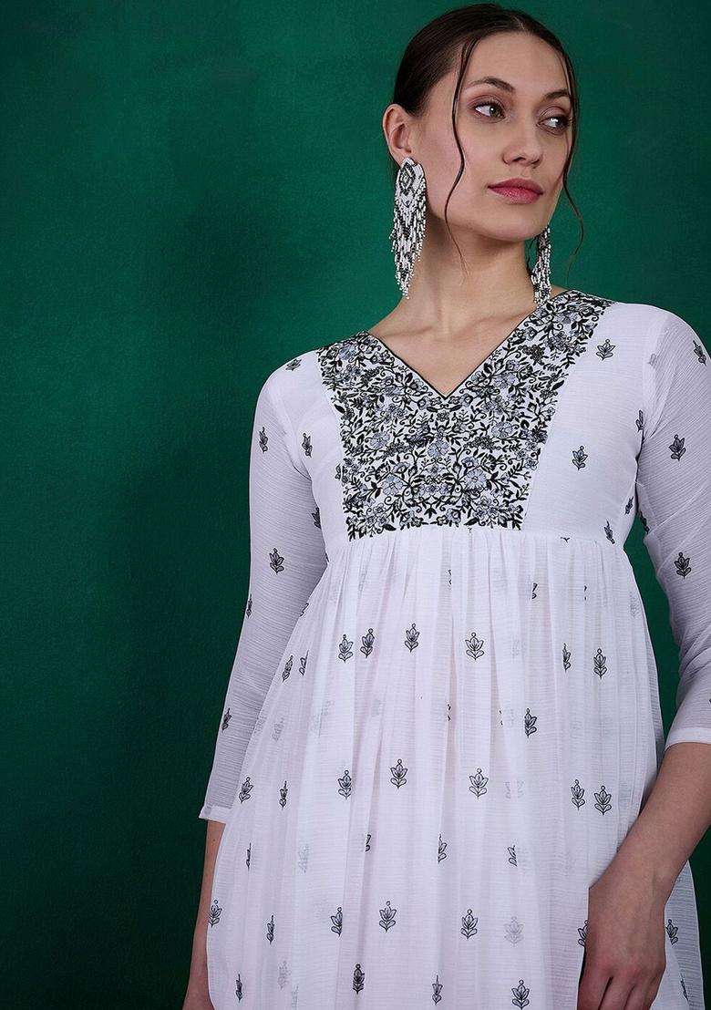 White Embroidered Georgette Anarkali Set - Indya