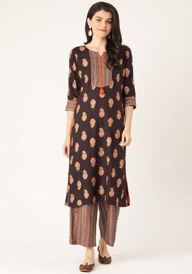 Brown Printed Viscose Kurta Set
