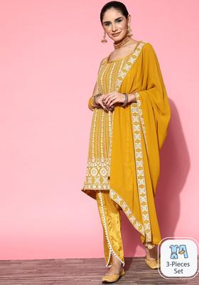 Mustard Embroidered Georgette Kurta Set