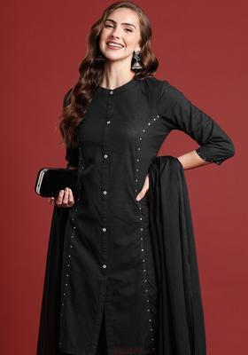 Black Woven Design Cotton Kurta Set