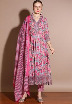Pink Embroidered Cotton Anarkali Set