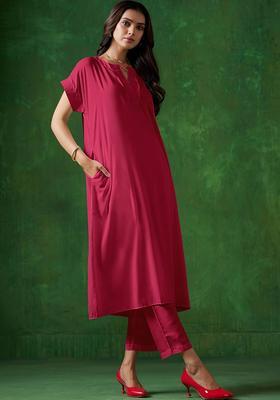 Pink Solid Silk Blend Kurta Set