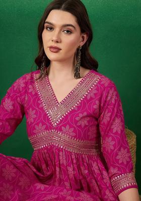 Pink Embroidered Viscose Kurta Set