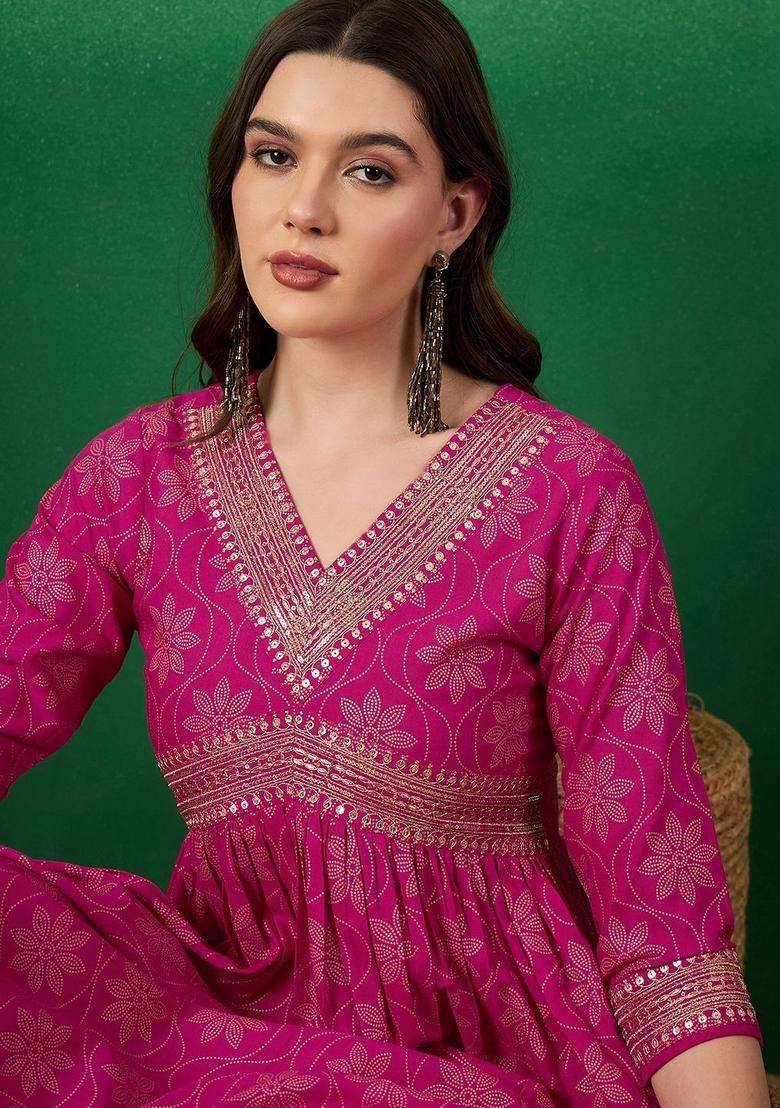 Pink Embroidered Viscose Kurta Set - Indya