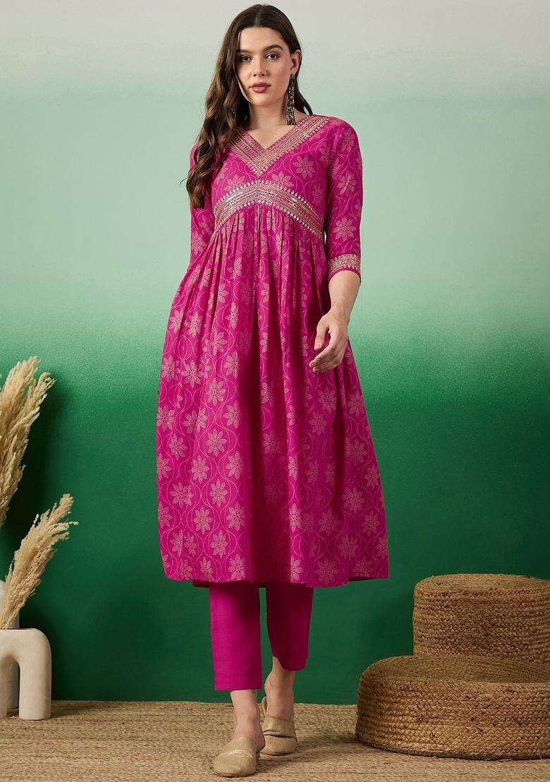 Pink Embroidered Viscose Kurta Set - Indya
