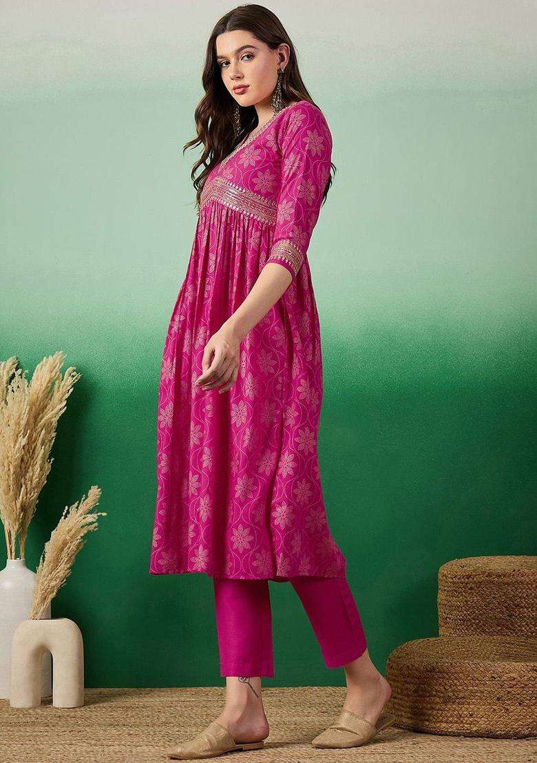 Pink Embroidered Viscose Kurta Set - Indya
