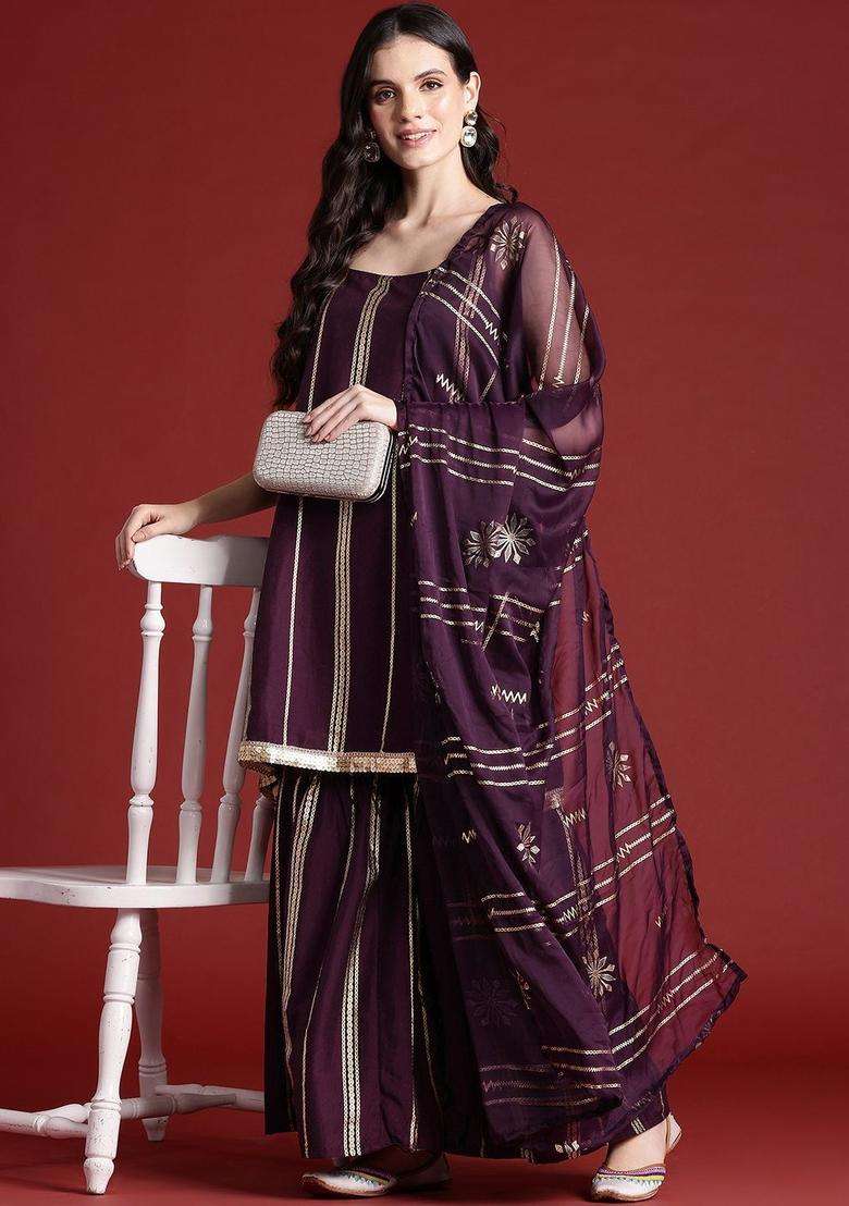 Burgundy Printed Polyester Kurta Set - Indya