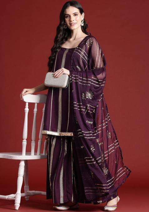 Burgundy Printed Polyester Kurta Set