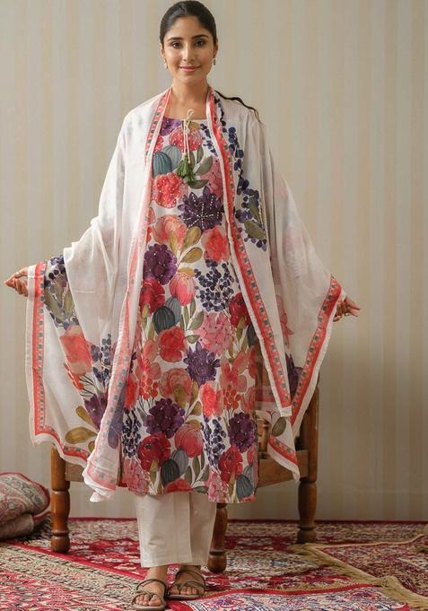 White Printed Linen Kurta Set — view on Indya